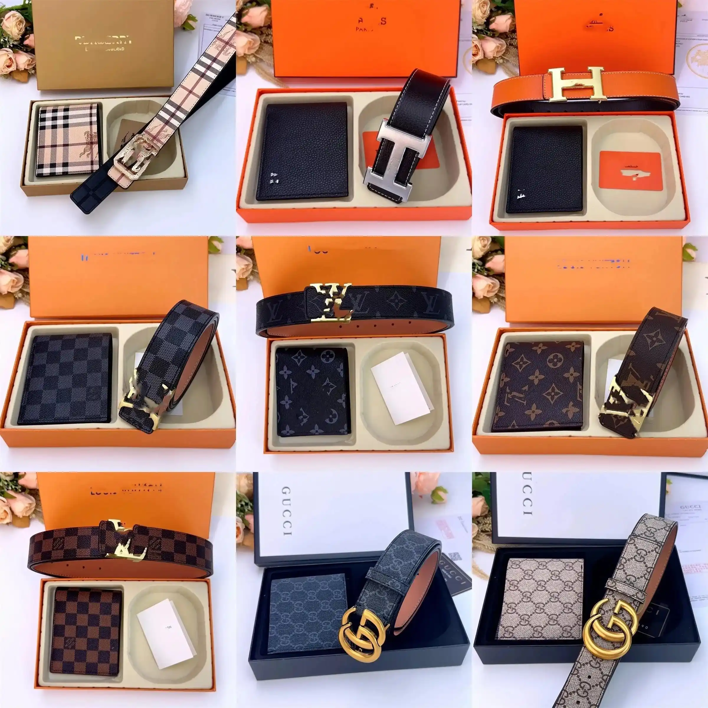 Burberry Check / Hermès H / Louis Vuitton Monogram & Damier / Gucci GG Supreme Belt & Wallet Set