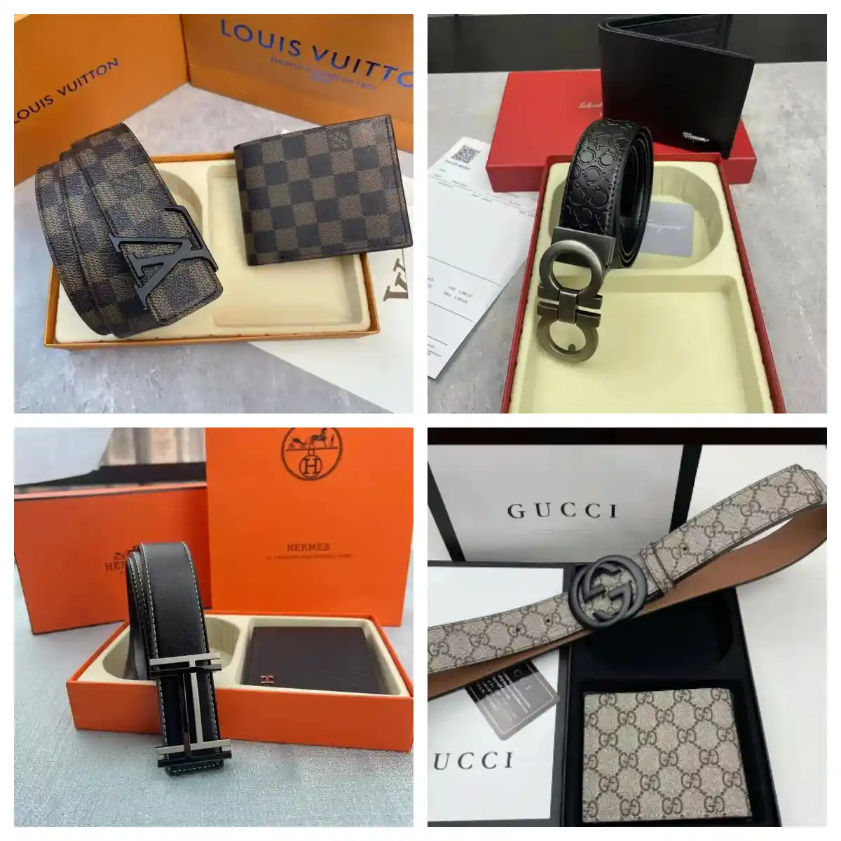 Louis Vuitton Damier Ebene Belt & Wallet / Gucci GG Supreme Belt & Wallet / Hermès H Buckle Belt & Wallet / Salvatore Ferragamo Gancini Belt & Wallet
